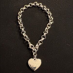 Silver Heart Charm Bracelet with Initial “T”